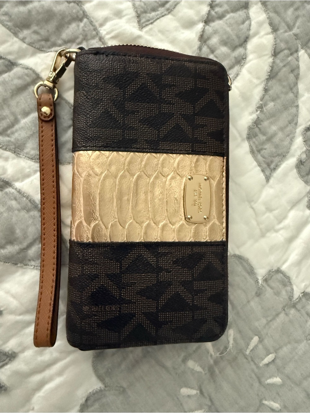 Michael Kors Brown and Gold Signature Wristlet